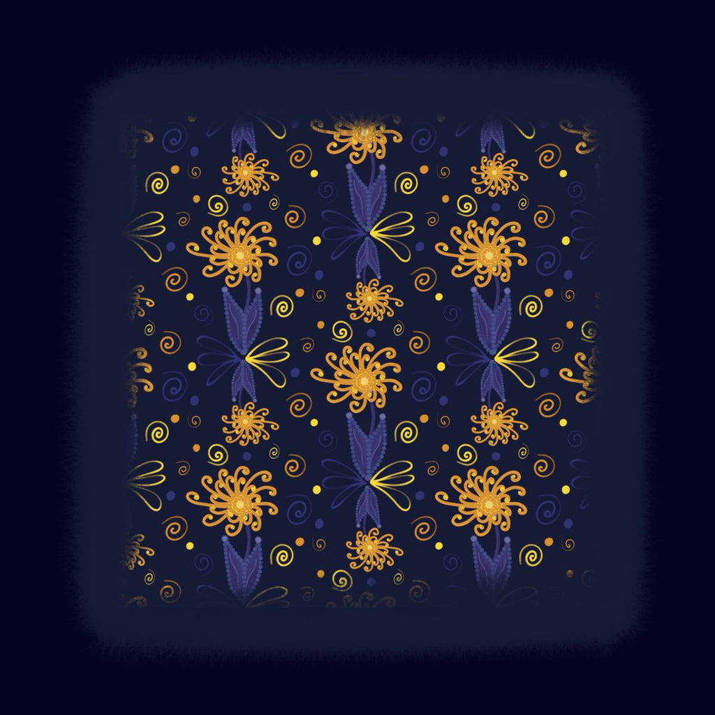 Whimsical Night Flower Seamless Pattern Design – Dreamy Botanical in Blue and Gold, Calming