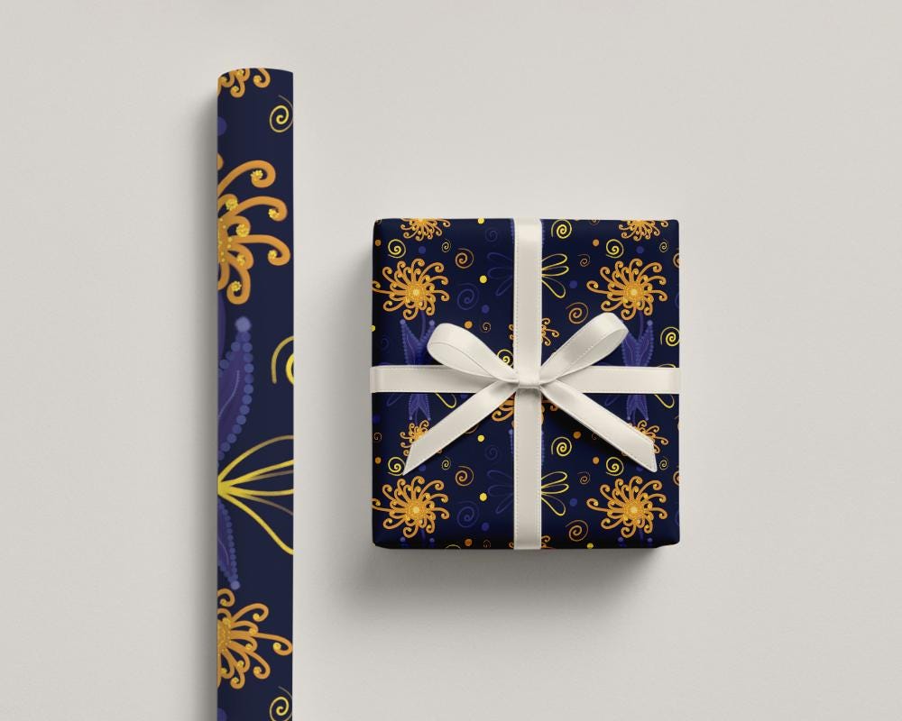 Whimsical Night Flower Seamless Pattern Design – Dreamy Botanical in Blue and Gold, Calming